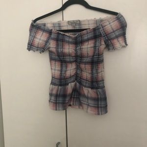 Off shoulder vintage plaid shirt